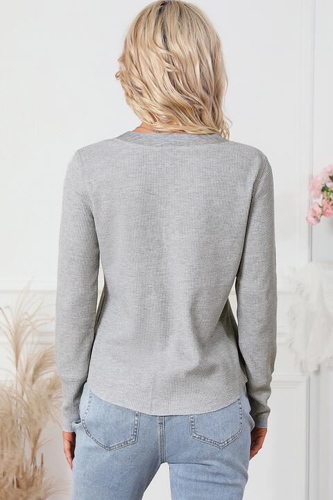 Waffle Knit Buttoned Notched Neck Long Sleeve T-Shirt