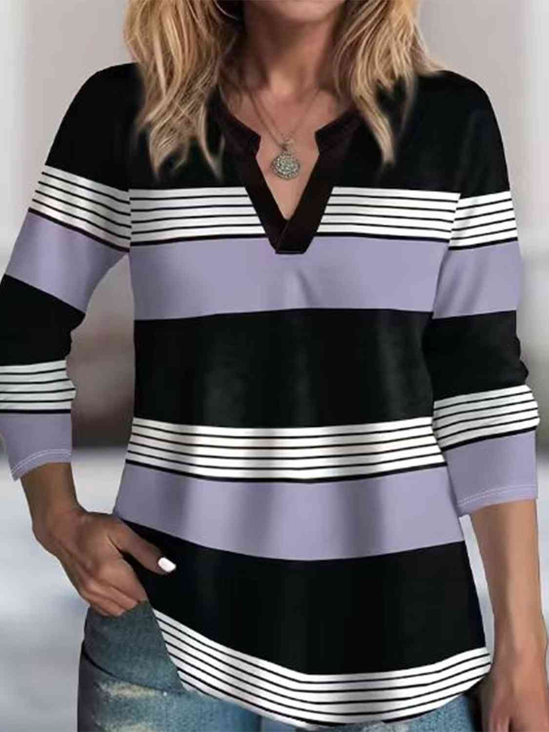 Striped Notched Long Sleeve T-Shirt