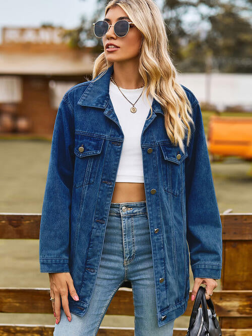 Collared Neck Denim Jacket With Pockets