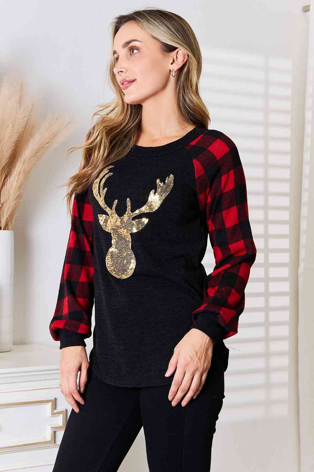 Sequin Reindeer Graphic Plaid Top