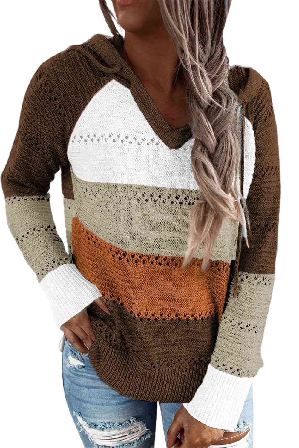 Full Size Color Block Knitted Hoodie