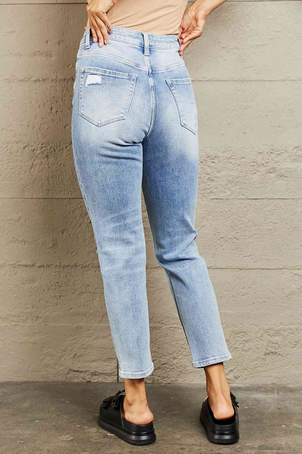 High Waisted Distressed Slim Cropped Jeans