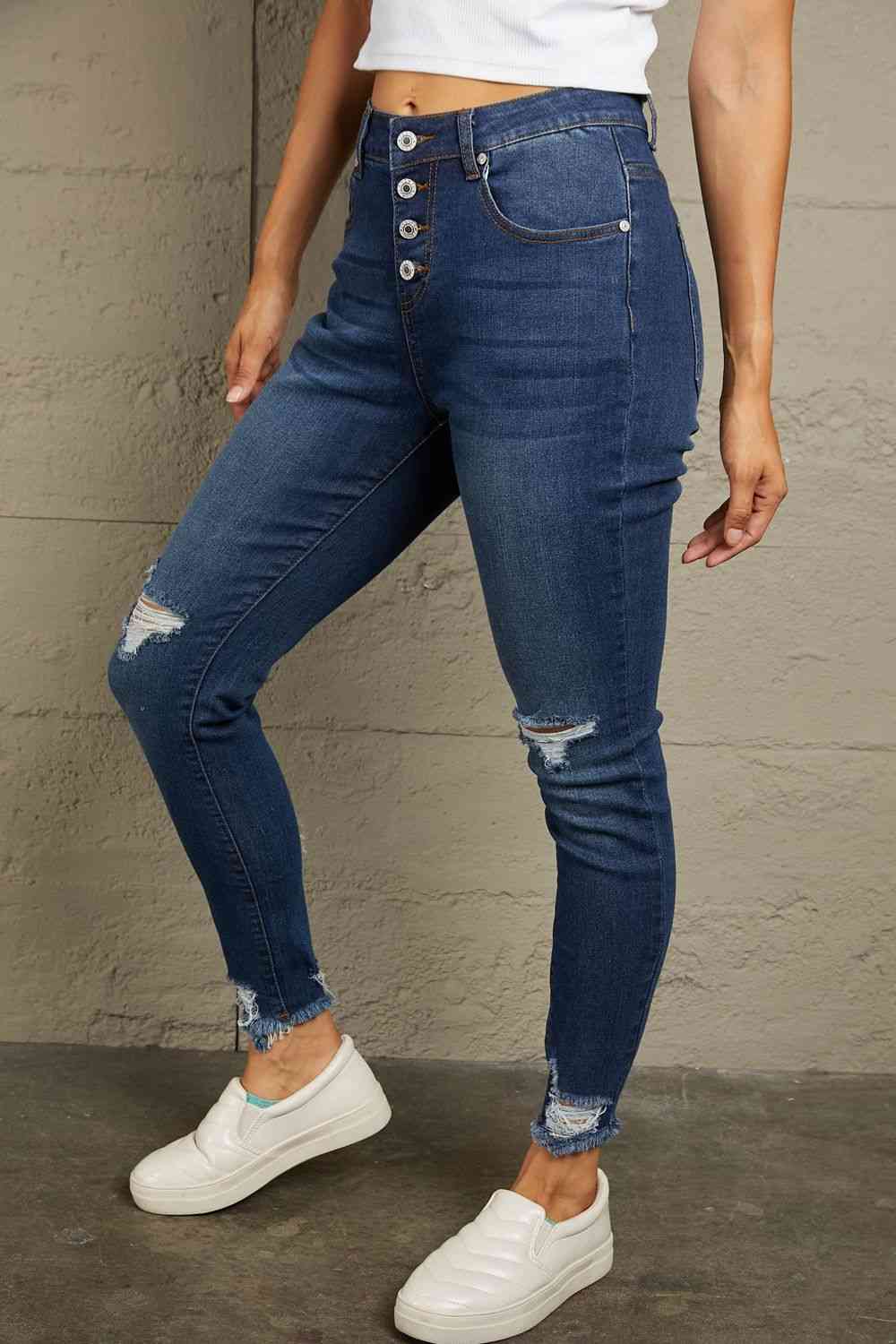 Baeful Distressed Button Fly Skinny Jeans