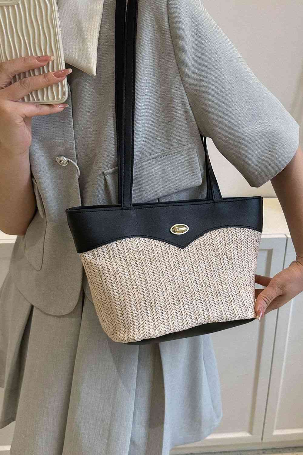 Two-Tone Straw PU Tote Bag