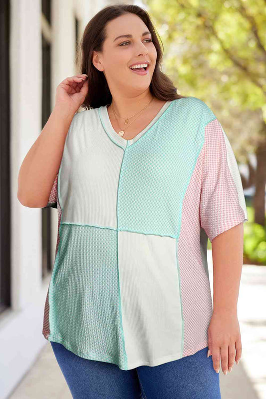 Plus Size Color Block V-Neck Top