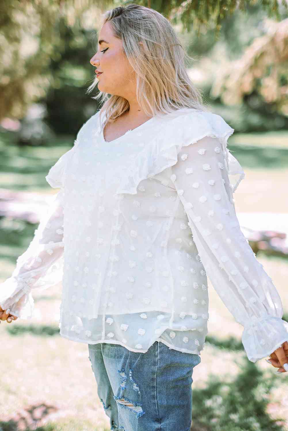 Plus Size Swiss Dot Ruffled Blouse