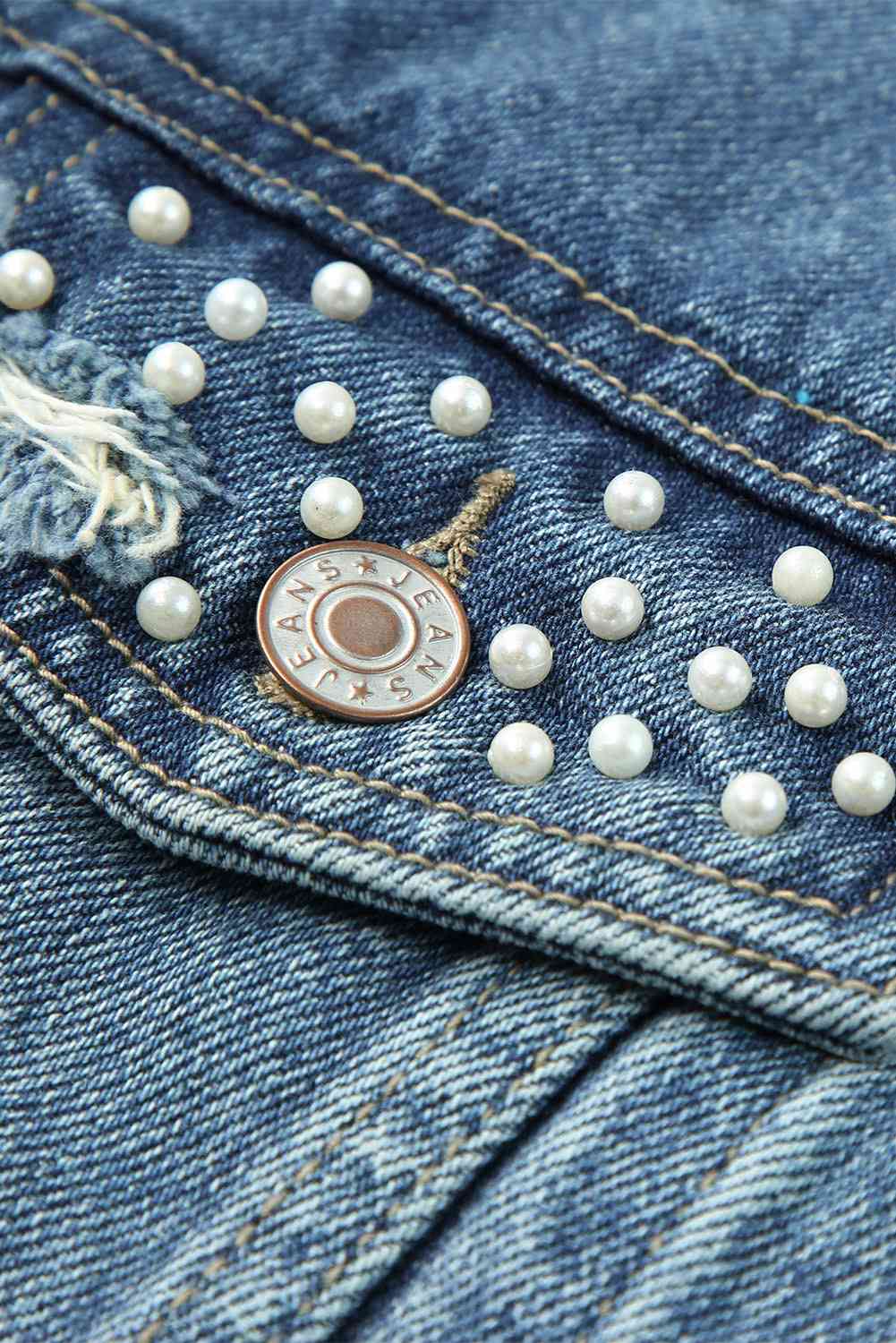 Pearl Detail Distressed Button Up Denim Jacket