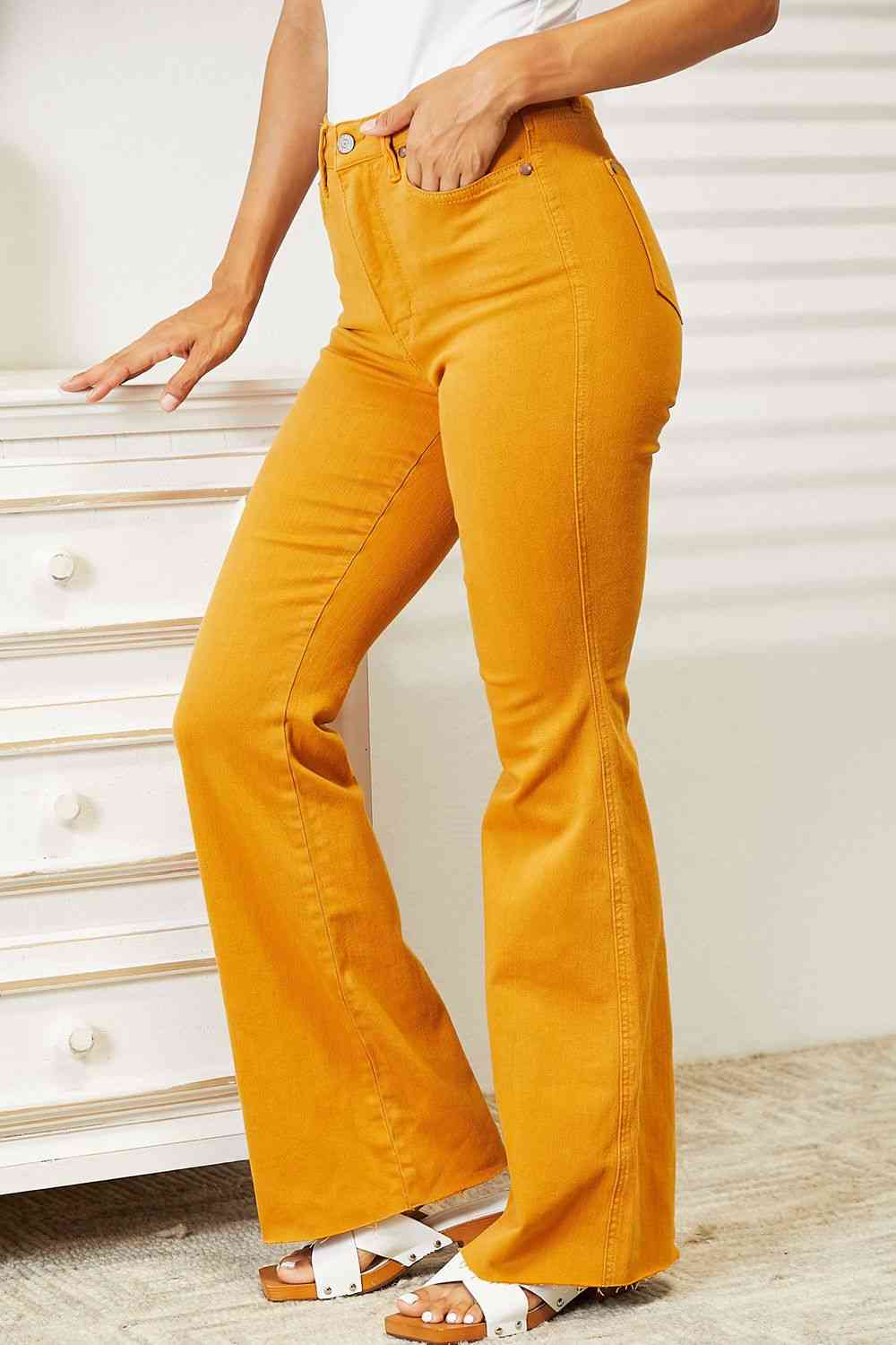 High Waist Tummy Control Garment Dyed Flare Jeans