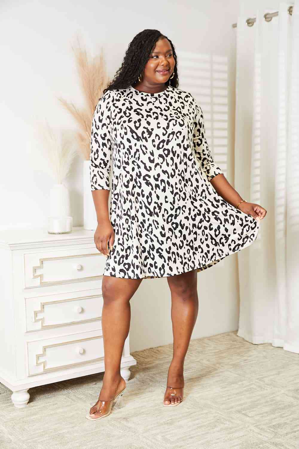 Leopard Three-Quarter Sleeve Dress with Pockets