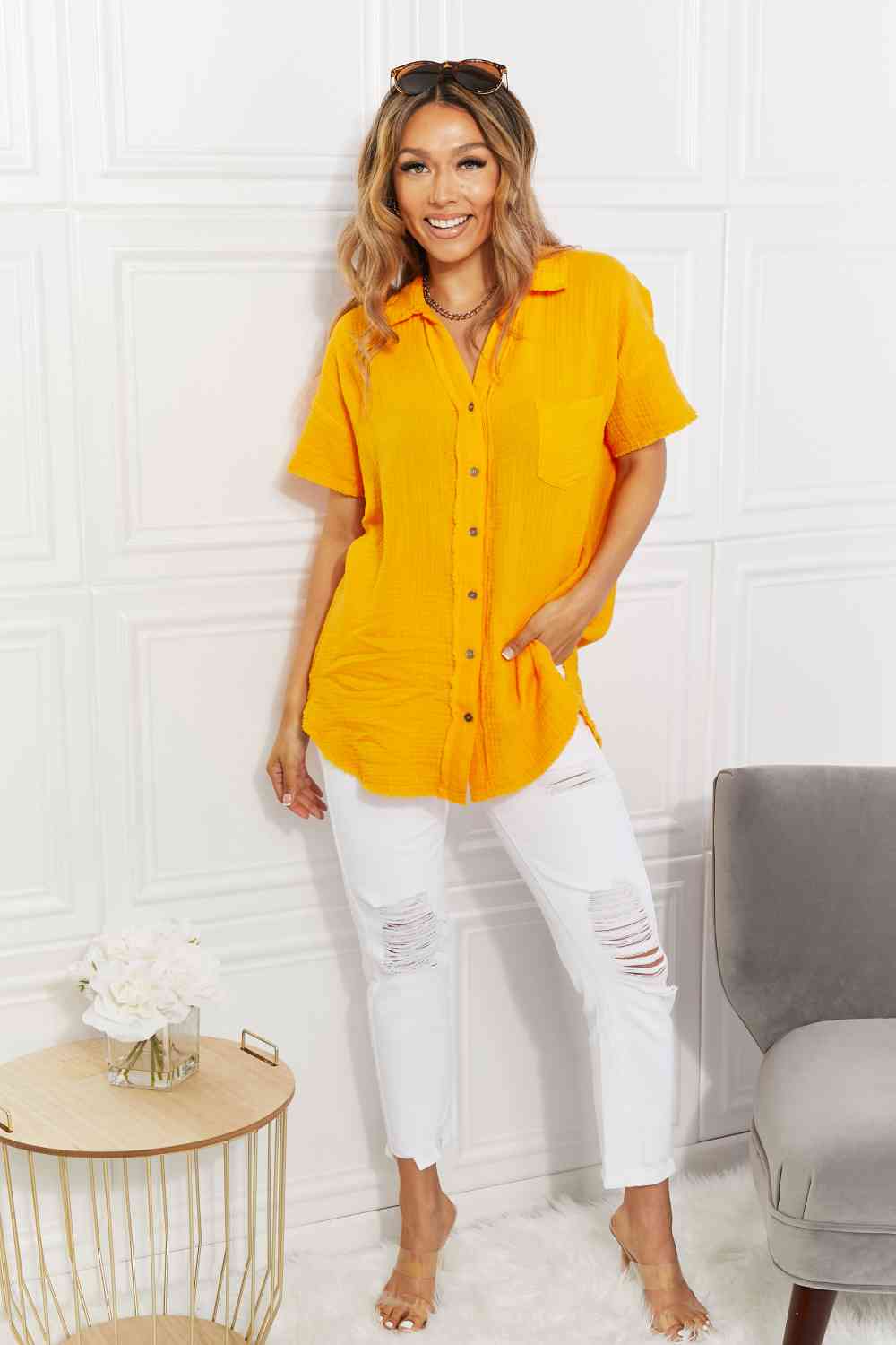 Full Size Summer Breeze Gauze Short Sleeve Shirt in Mustard