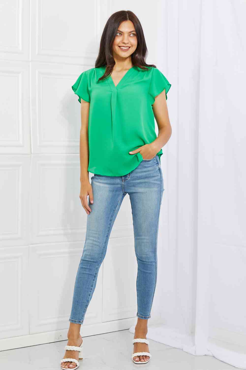 Just For You Short Ruffled Sleeve length Top in Green