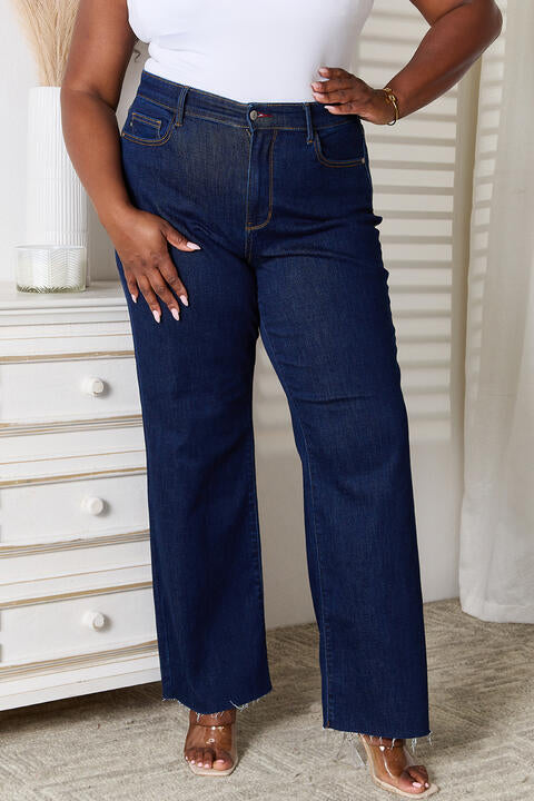 Raw Hem Straight Leg Jeans with Pockets