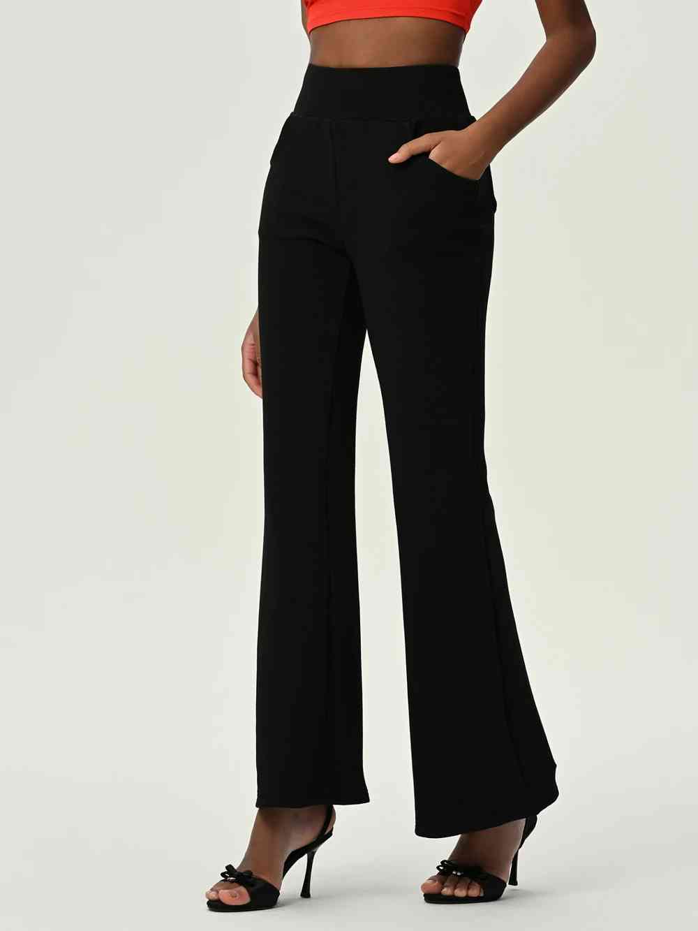 High Waist Flare Leg Pants with Pockets