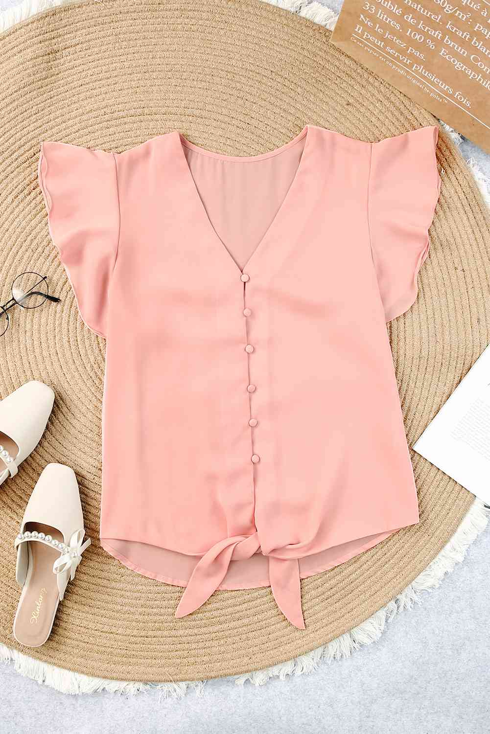 V-Neck Tie Hem Flutter Sleeve Blouse