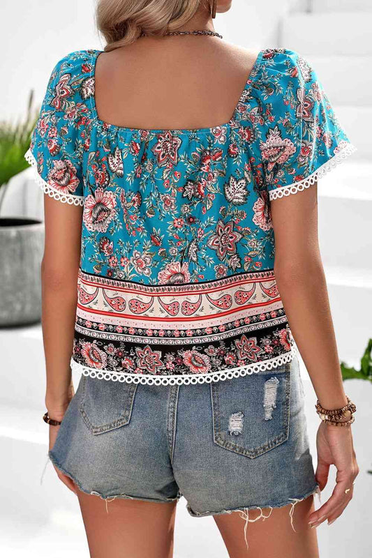 Bohemian Square Neck Short Sleeve Top