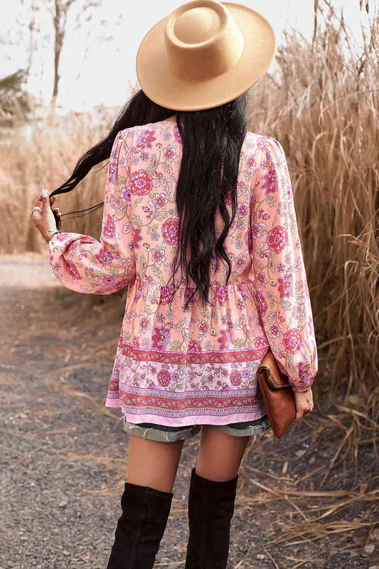 Tassel Tie Long Sleeve Peplum Blouse