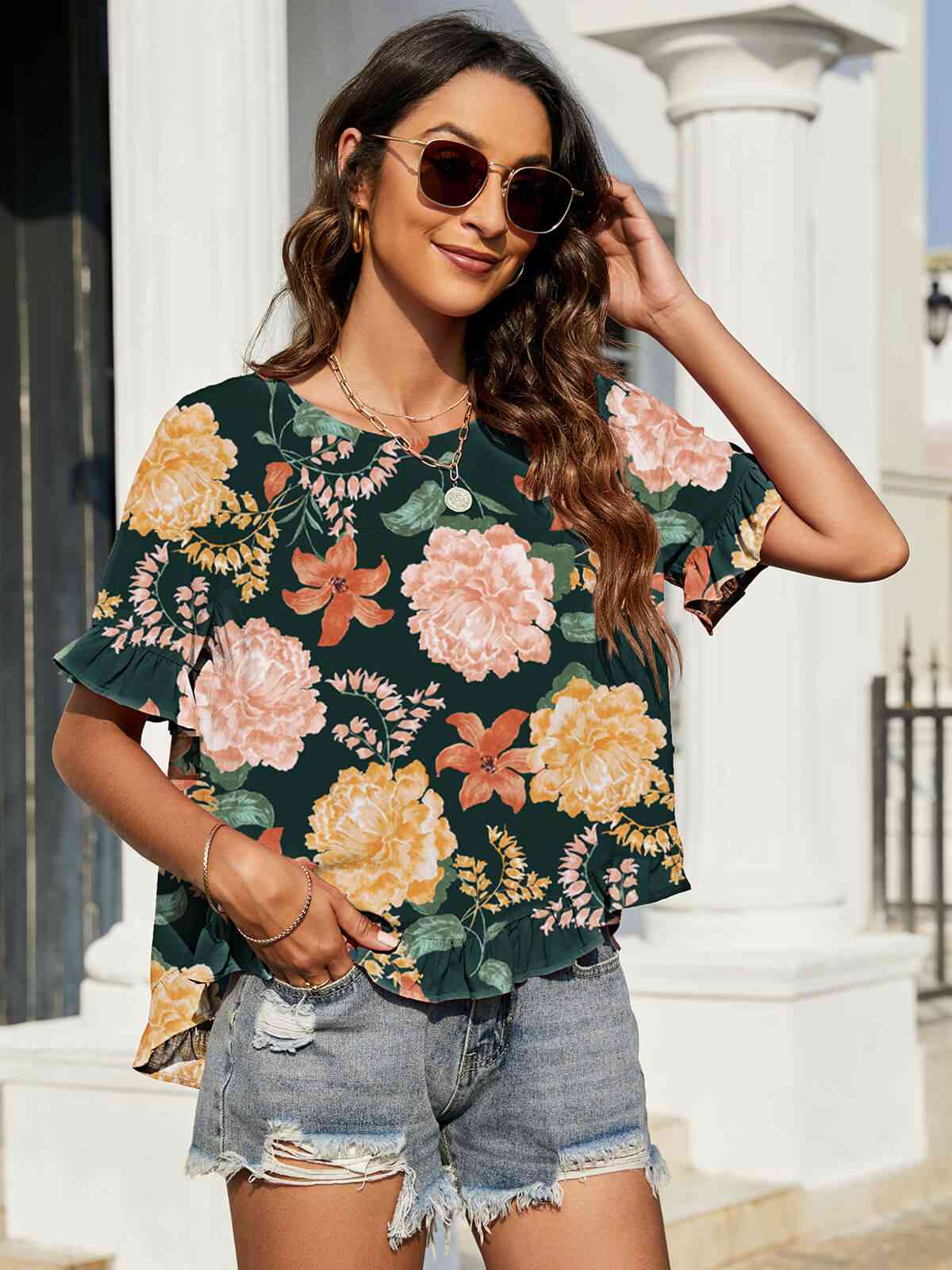 Floral Ruffled Flounce Sleeve Blouse