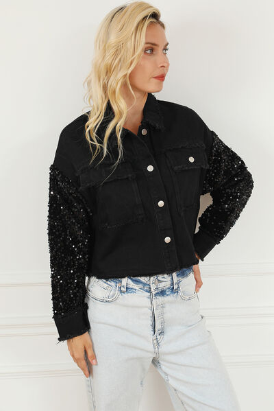 Sequin Button Up Raw Hem Denim Jacket