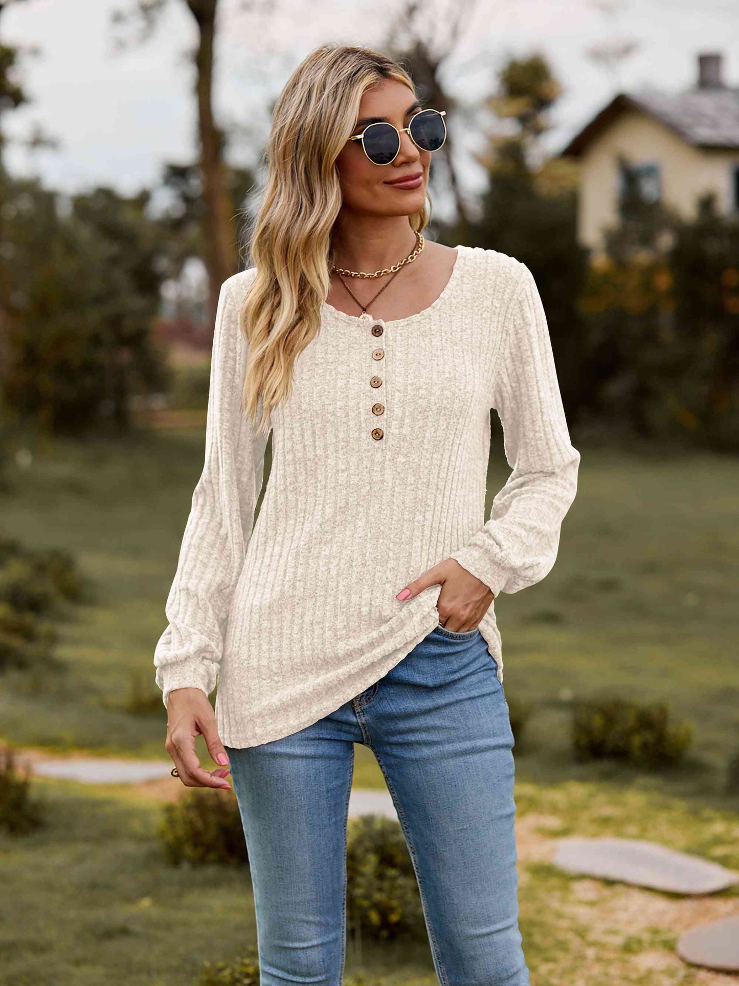 Round Neck Button-Down Long Sleeve Tee