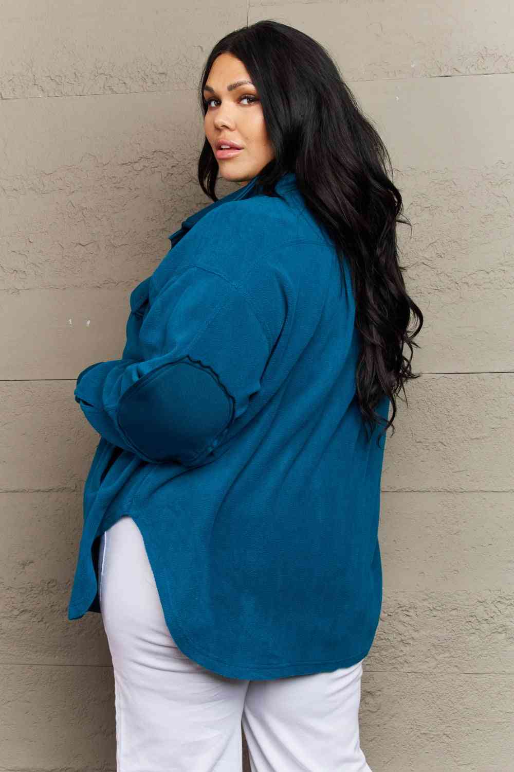 Cozy in the Cabin Fleece Elbow Patch Shacket in Teal