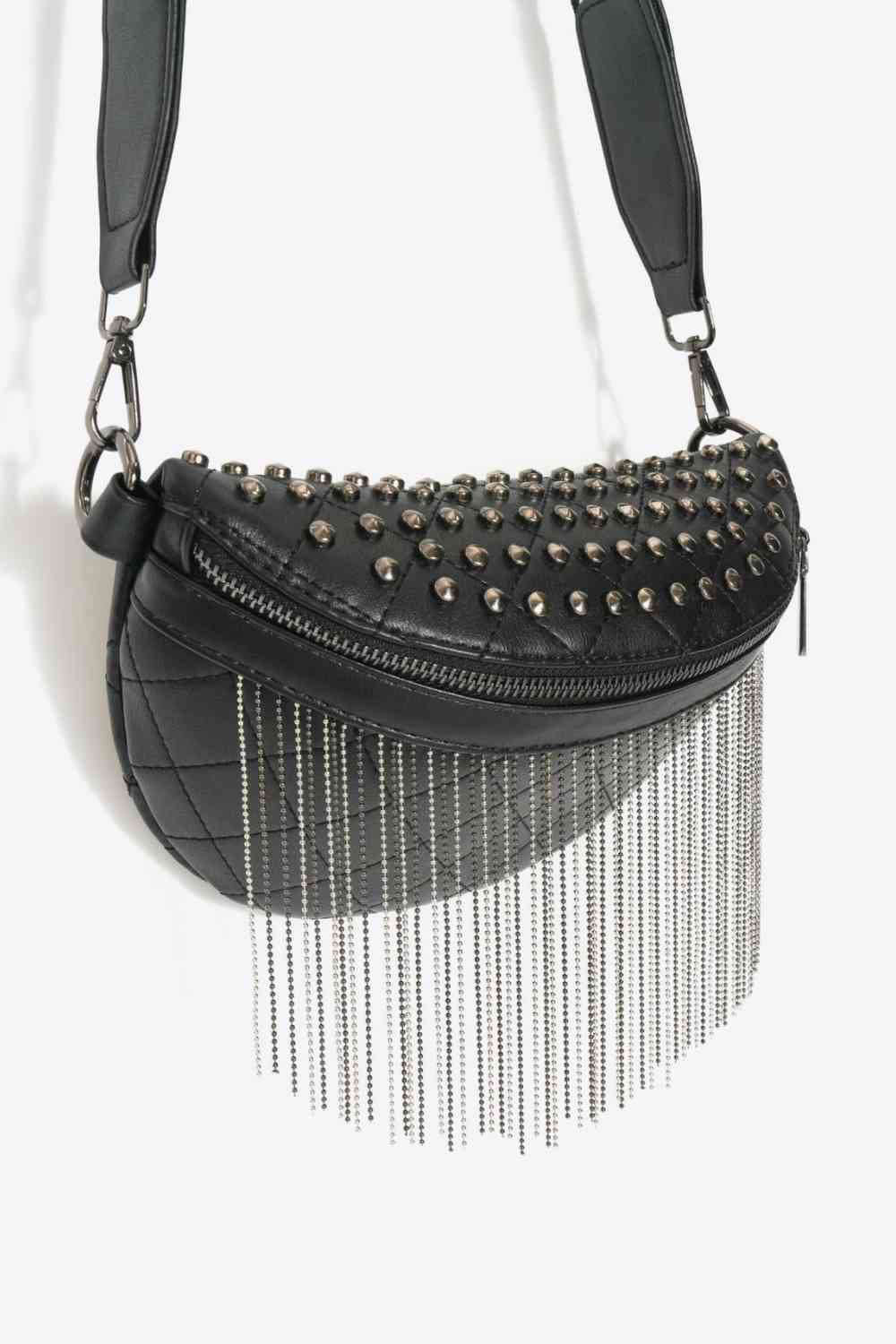 Adored PU Leather Studded Sling Bag with Fringes