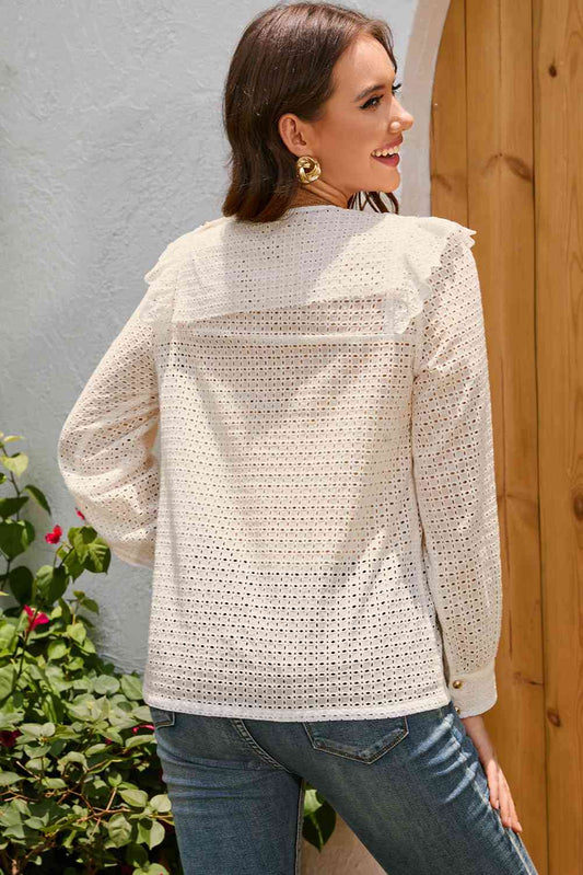 Double Take Ruffled Round Neck Eyelet Blouse