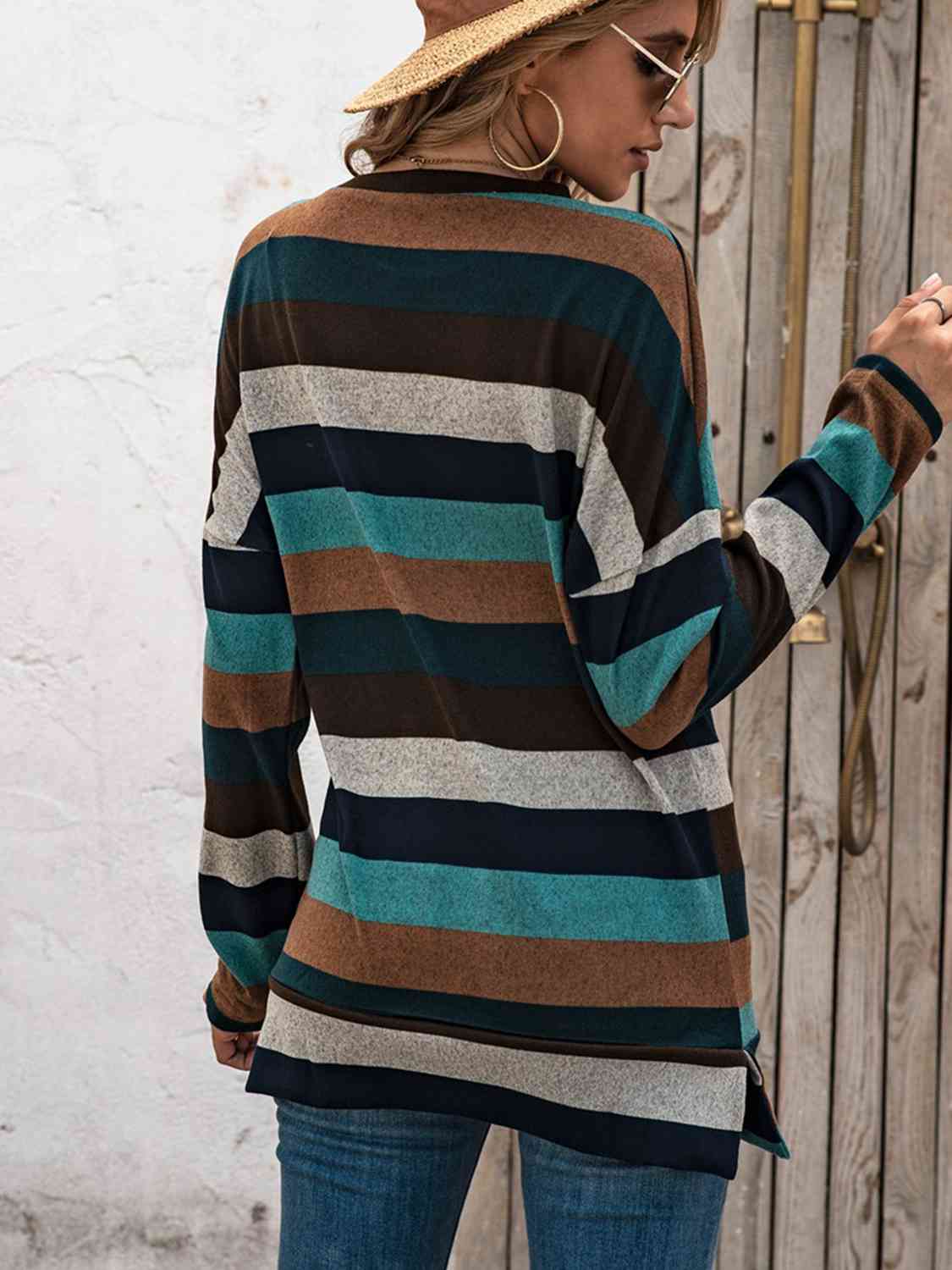 Striped Drop Shoulder Round Neck T-Shirt