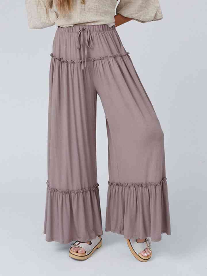 Wide Leg Ruffle Trim Pants