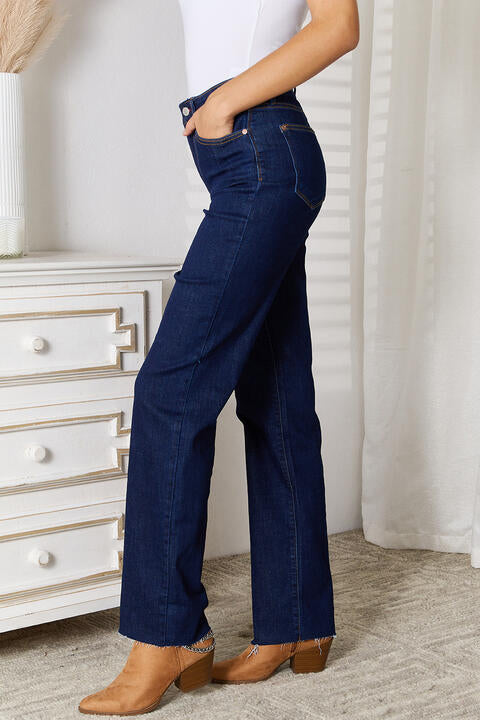 Raw Hem Straight Leg Jeans with Pockets