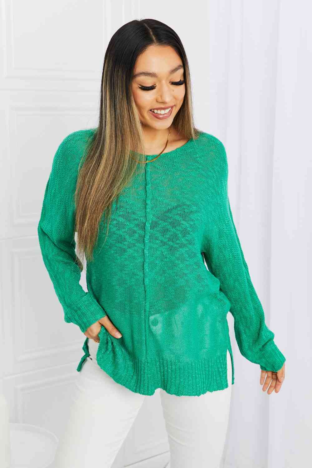 Exposed Seam Slit Knit Top in Kelly Green