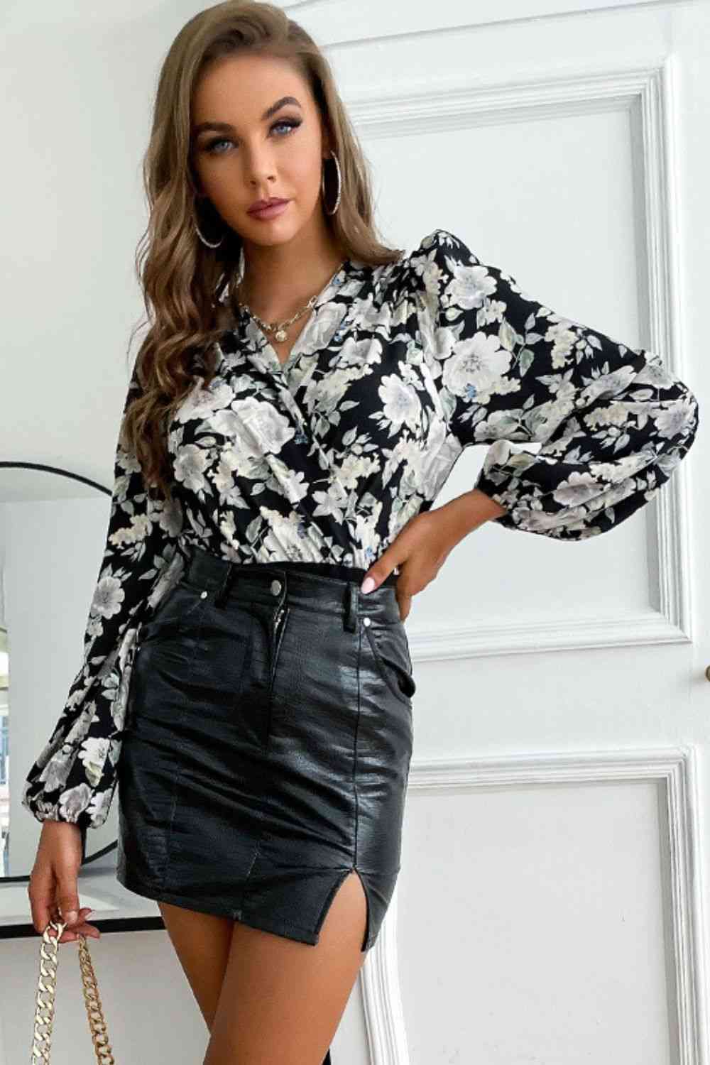 Floral Surplice Neck Puff Sleeve Bodysuit