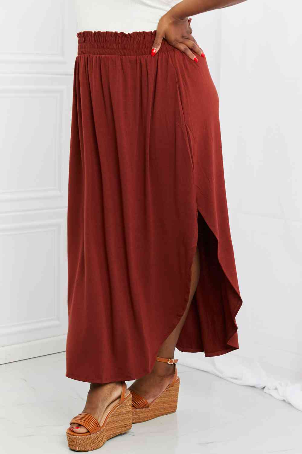 It's My Time Side Scoop Scrunch Skirt in Dark Rust