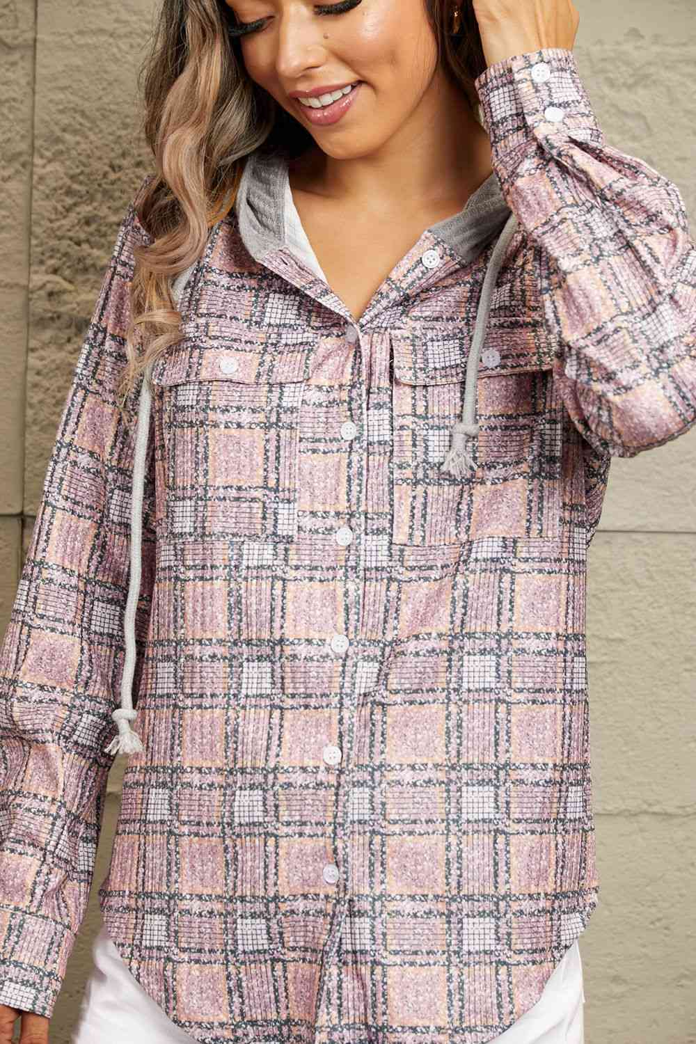 Double Take Plaid Long Sleeve Hooded Jacket