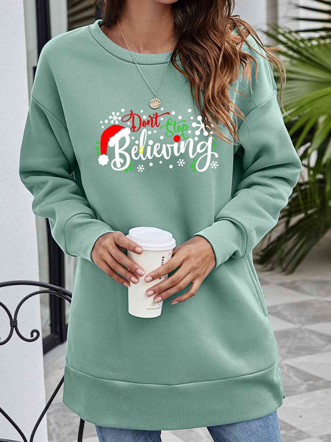 DON'T STOP BELIEVING Graphic Drop Shoulder Sweatshirt