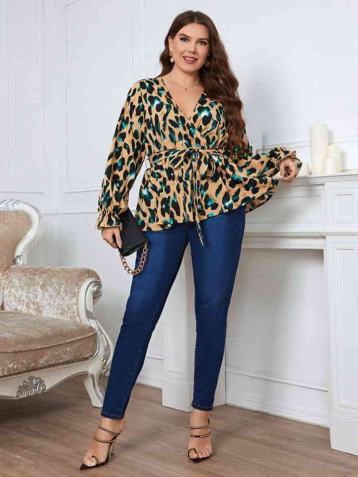 Plus Size Printed Tie Waist Flounce Sleeve Blouse