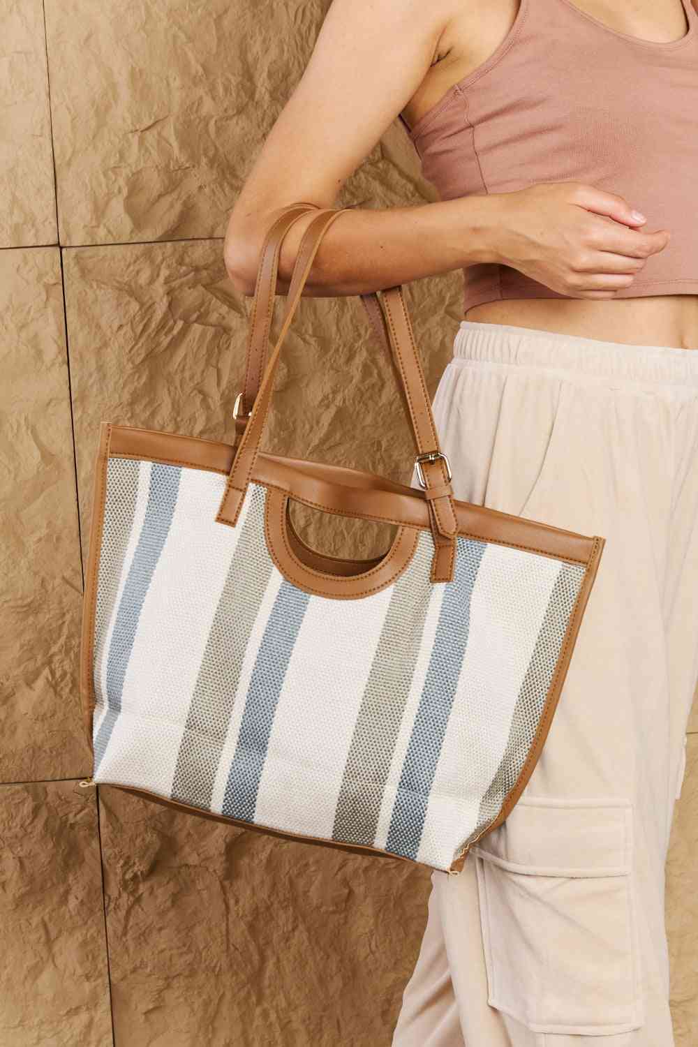 Striped In The Sun Faux Leather Trim Tote Bag