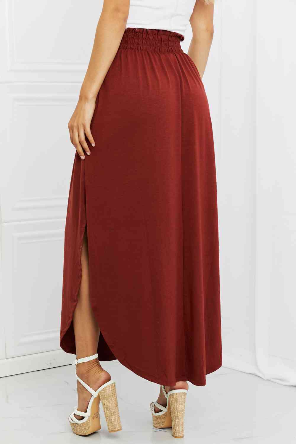 It's My Time Side Scoop Scrunch Skirt in Dark Rust