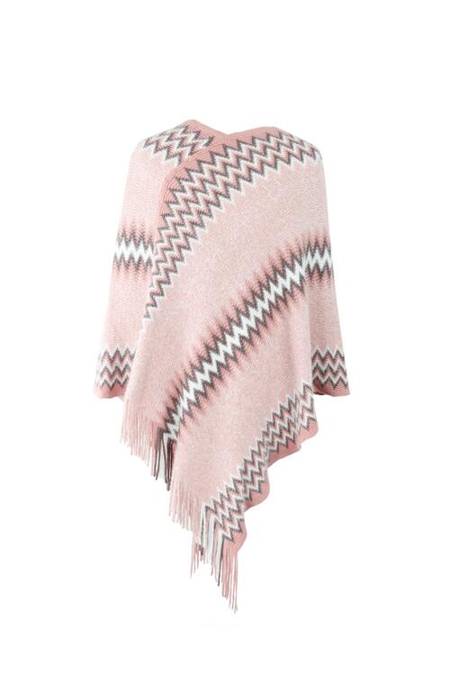 Fringe Hem Striped Cape Sleeve Poncho