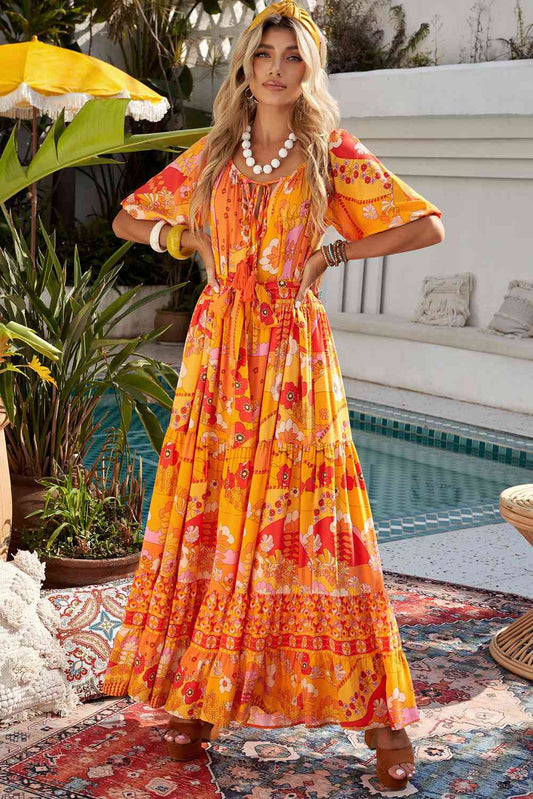 Bohemian Tie-Waist Tiered Maxi Dress