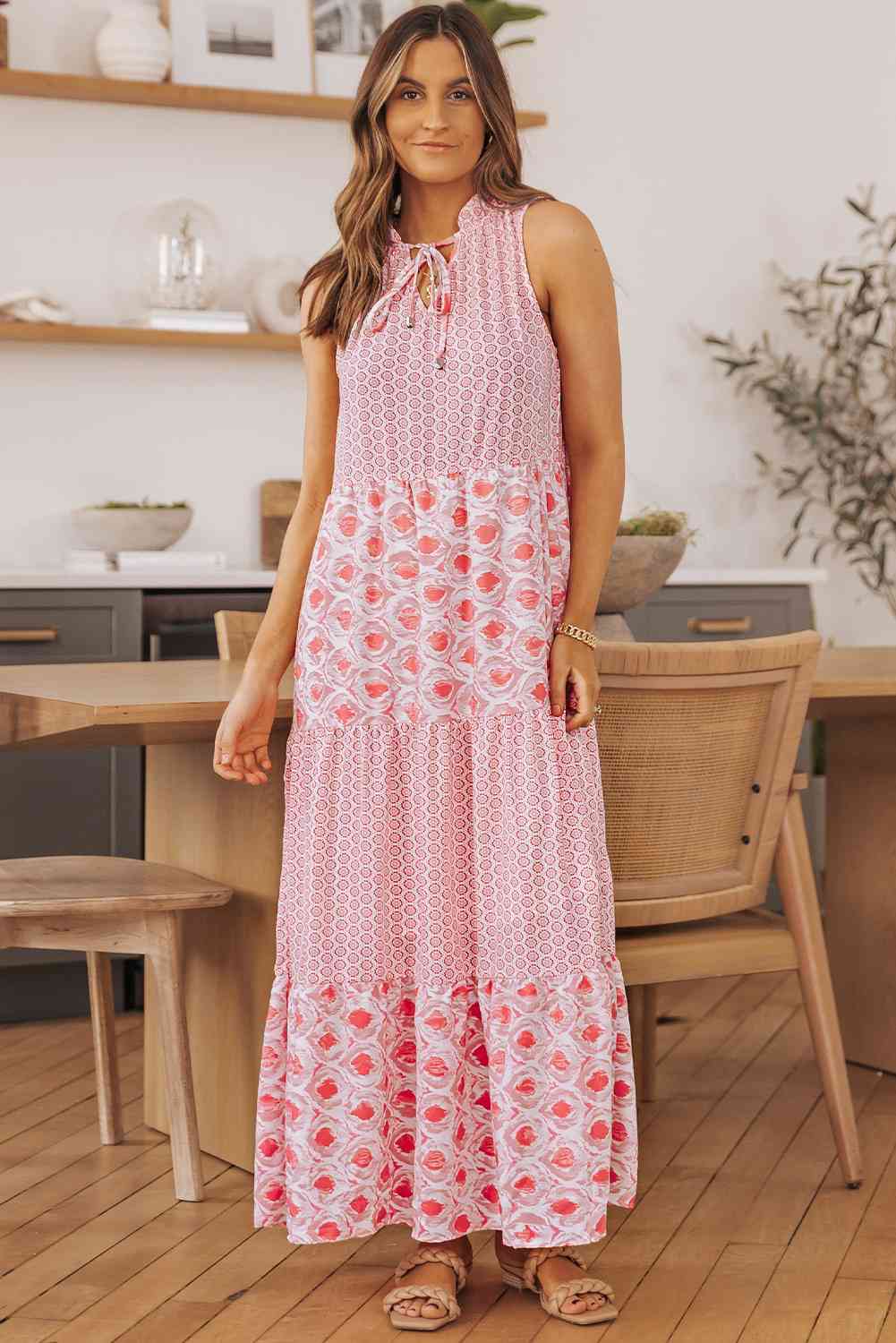 Mixed Print Tie-Neck Sleeveless Maxi Dress