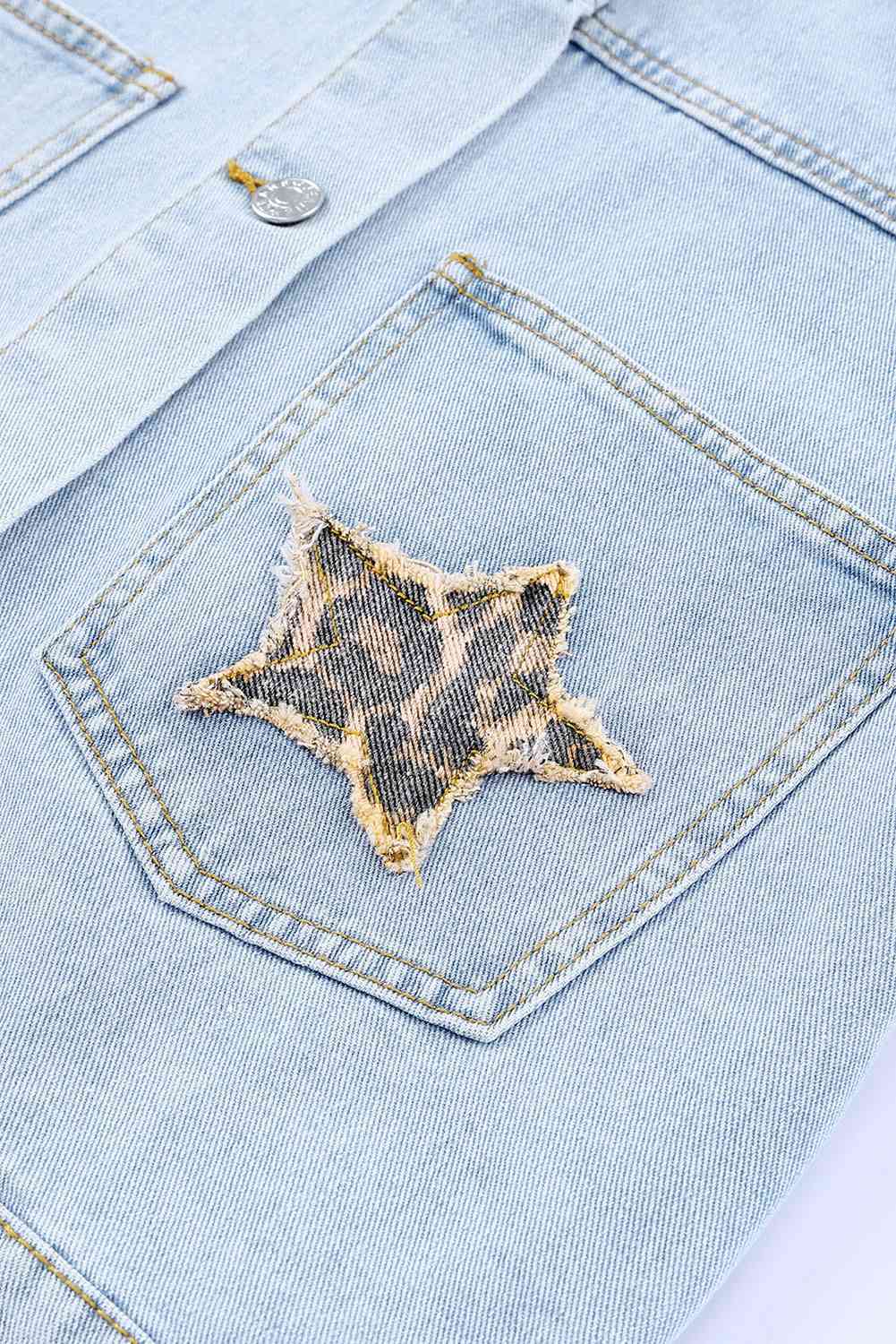 Leopard Star Applique Distressed Denim Jacket