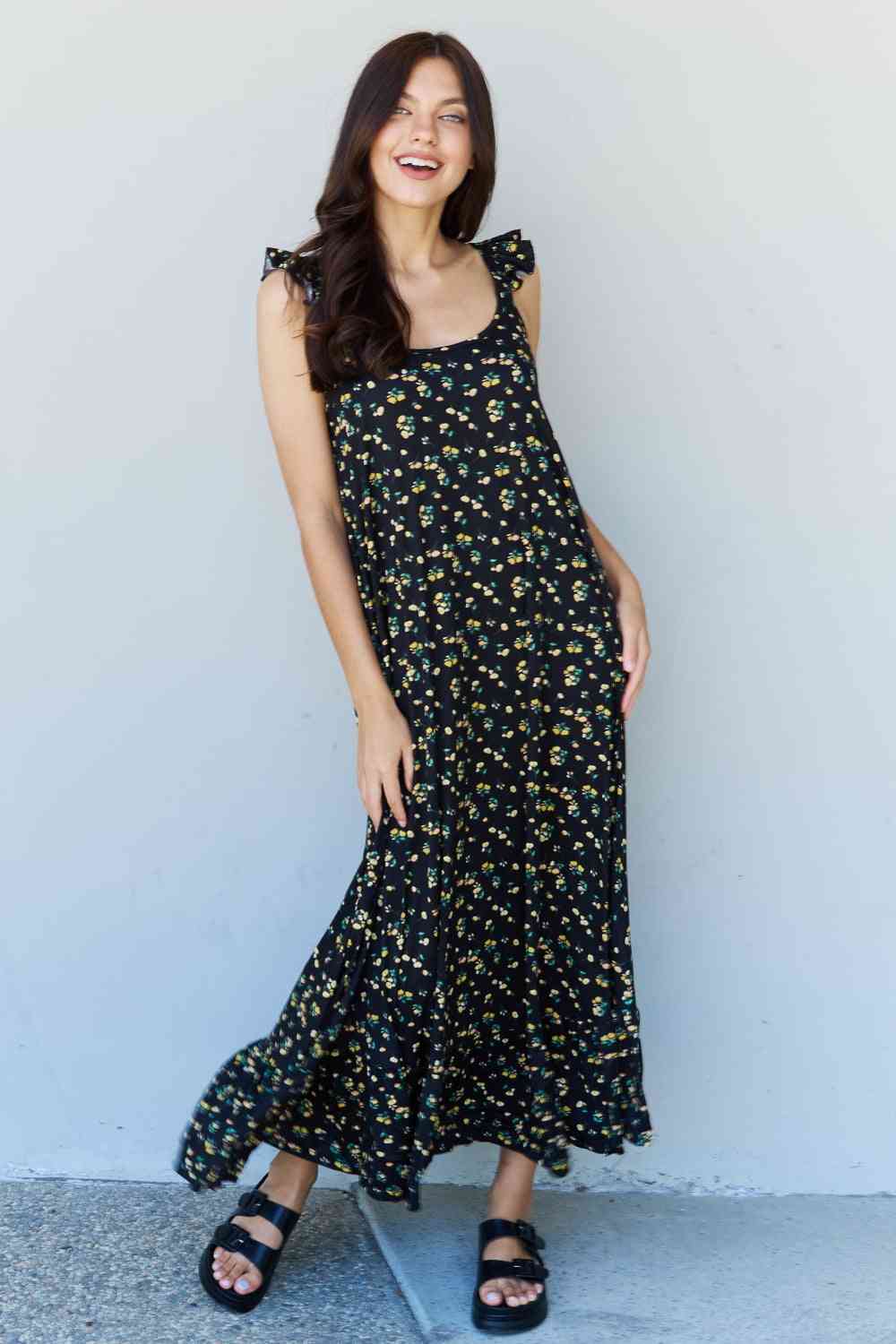 Doublju In The Garden Ruffle Floral Maxi Dress in Black Yellow Floral