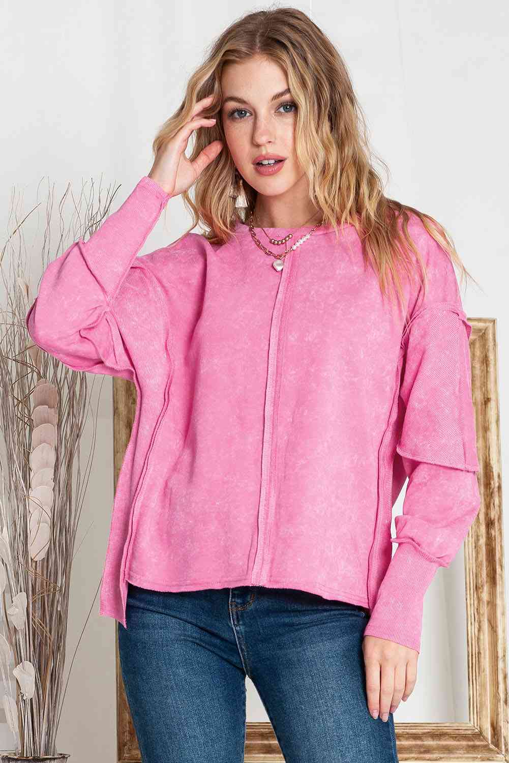 Full Size Exposed Seams Round Neck Dropped Shoulder Sweatshirt