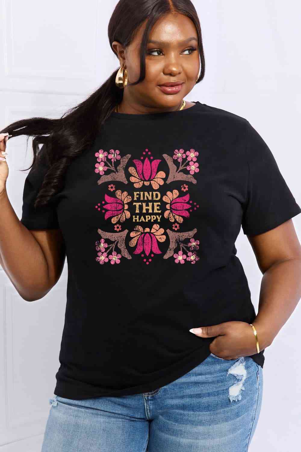 Simply Love Full Size FIND THE HAPPY Graphic Cotton Tee