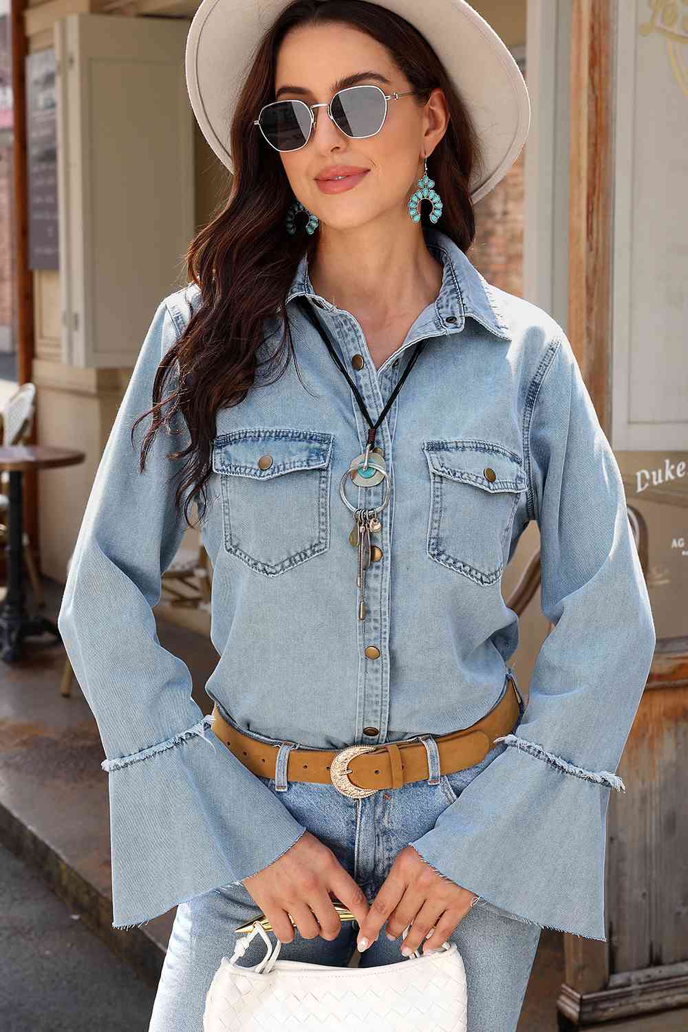 Button Front Flare Sleeve Denim Top