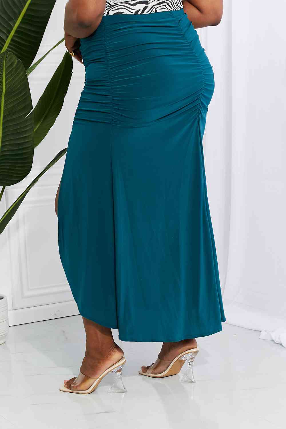 Up and Up Ruched Slit Maxi Skirt in Teal