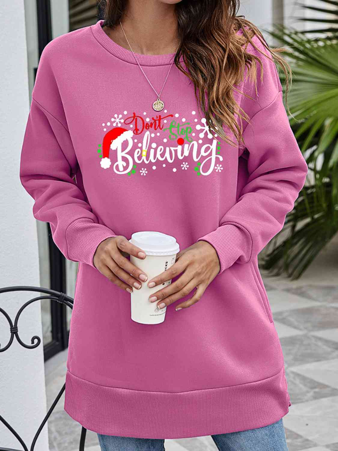 DON'T STOP BELIEVING Graphic Drop Shoulder Sweatshirt