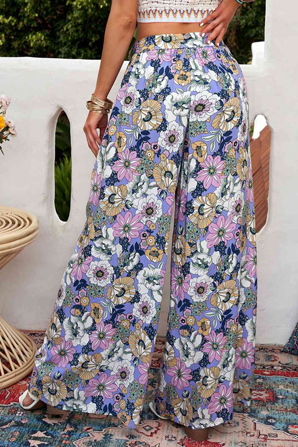 Floral Tie Belt Wide Leg Pants