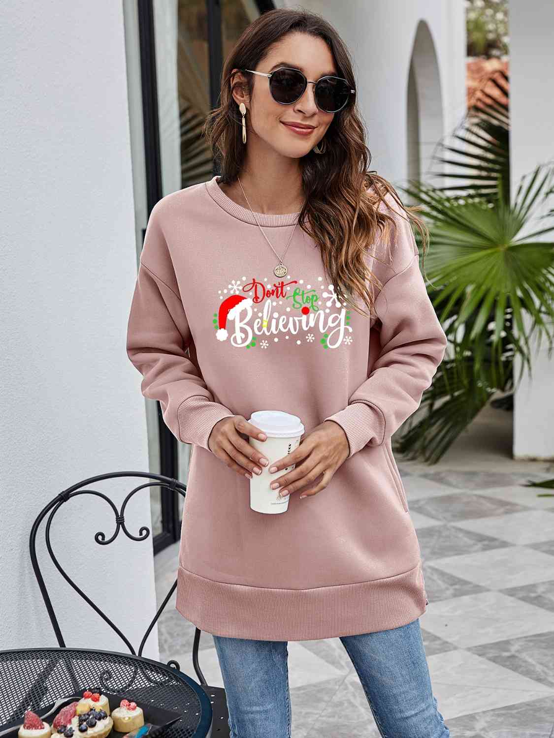 DON'T STOP BELIEVING Graphic Drop Shoulder Sweatshirt