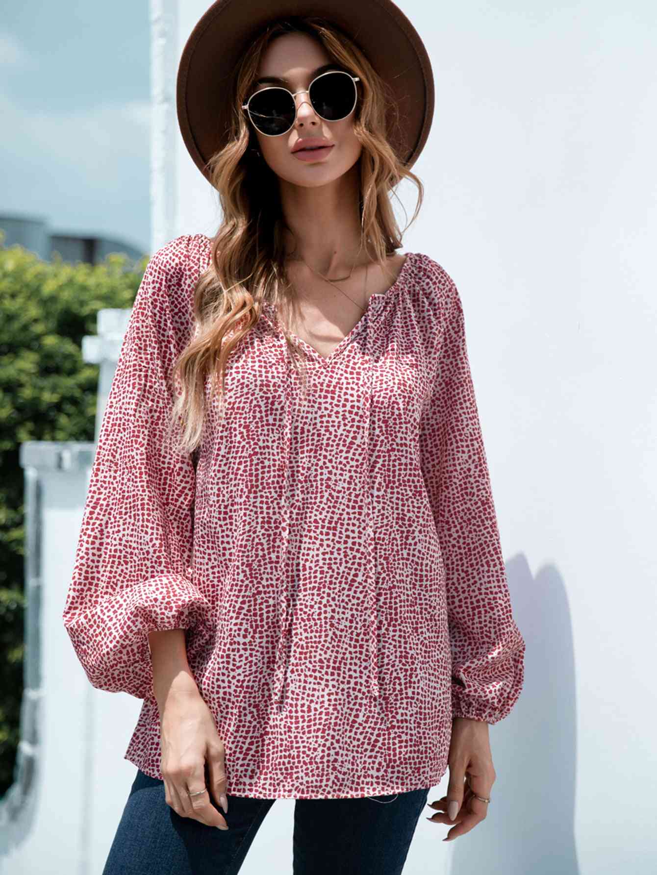 Printed Tie-Neck Balloon Sleeve Blouse
